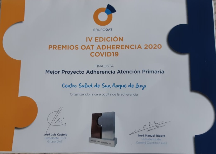 Finalista Premios OAT IV EDICIÓN 2020 el Centro de Salud de San Roque de Lugo “Ordenando la cara oculta de la Adherencia”