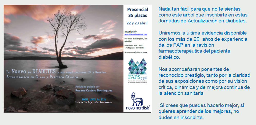Programa Jornada Presencial “Lo nuevo en Diabetes y sus complicaciones CV y renales. Actualización en Guías y Práctica clínica.”22-23 abril en la Isla de la Toja