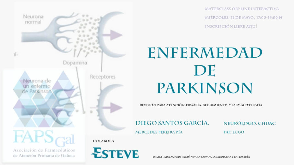 cartel promocional para formación multidiciplinar  para Farmacéuticos de Atención Primaria en Enfermedad de Parkinson patrocinada por los laboratorios Esteve