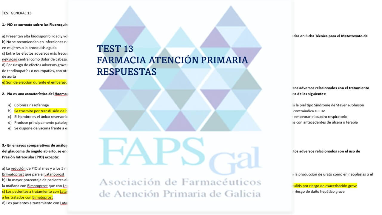 test 13 farmacia atención primaria de FAPsGal para oposiciones SERGAS
