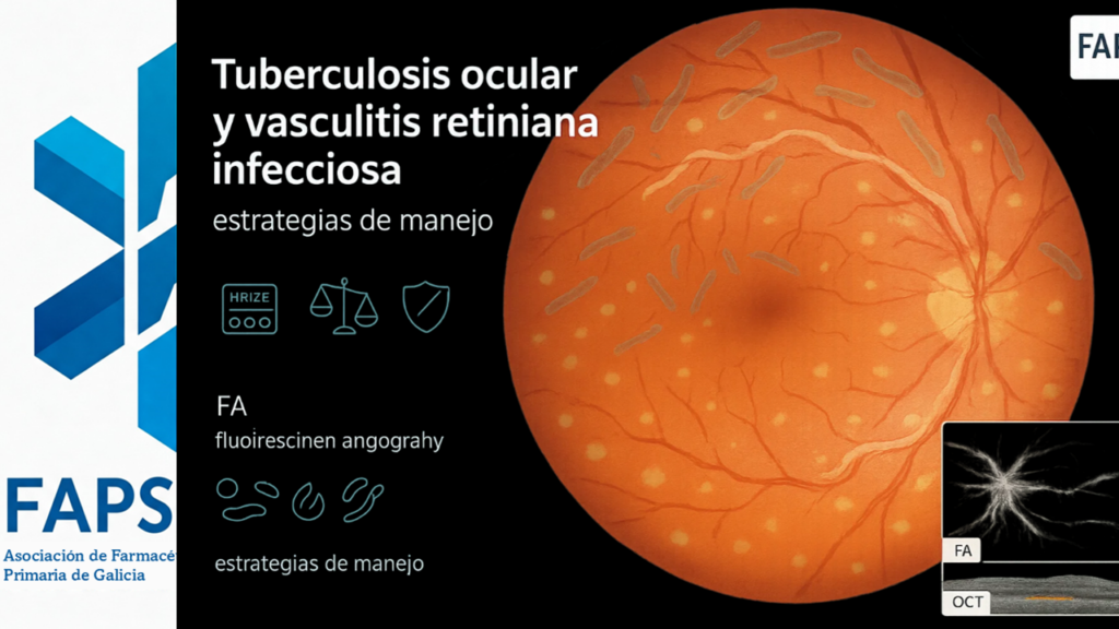 Fondo de ojo con vasculitis retiniana oclusiva compatible con tuberculosis ocular (TBO)