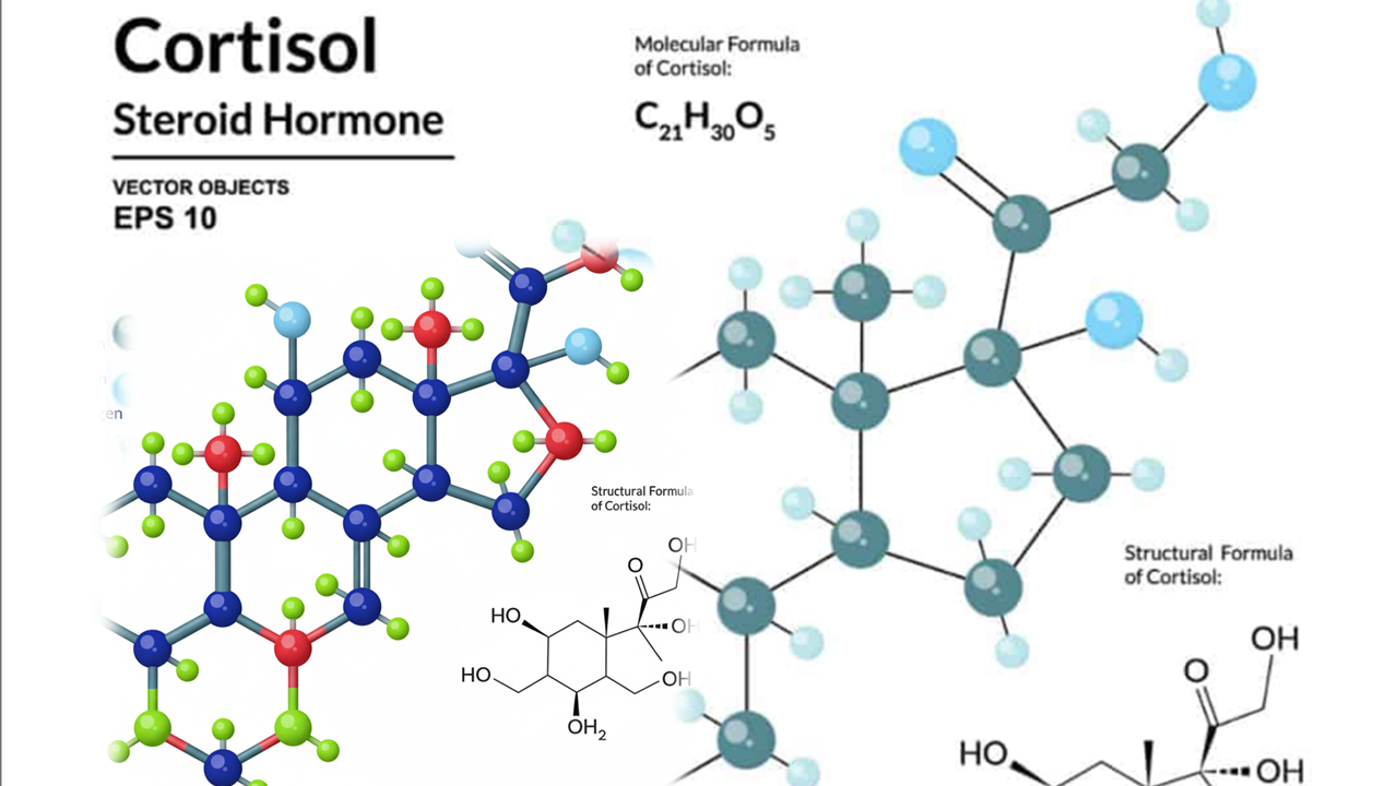 Representación molecular del cortisol, hormona esteroidea del estrés. Imagen científica con estructuras químicas y fórmulas del cortisol, utilizada por FAPsGal para ilustrar su función biológica y su papel en la regulación metabólica y endocrina.