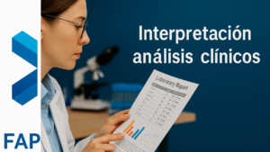 Profesional sanitario revisando análisis clínicos con gráficos en pantalla, en un entorno de laboratorio moderno con tonalidades azul y blanco institucionales de FAPsGal. Imagen horizontal de alta resolución, estilo realista, destinada a ilustrar contenidos sobre interpretación de pruebas de laboratorio