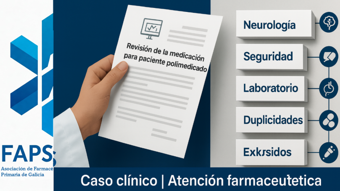 Farmacéutica de atención primaria revisa con un paciente polimedicado un plan de medicación en pantalla; iconos de duplicidades, interacciones y laboratorio; estilo FAPsGal