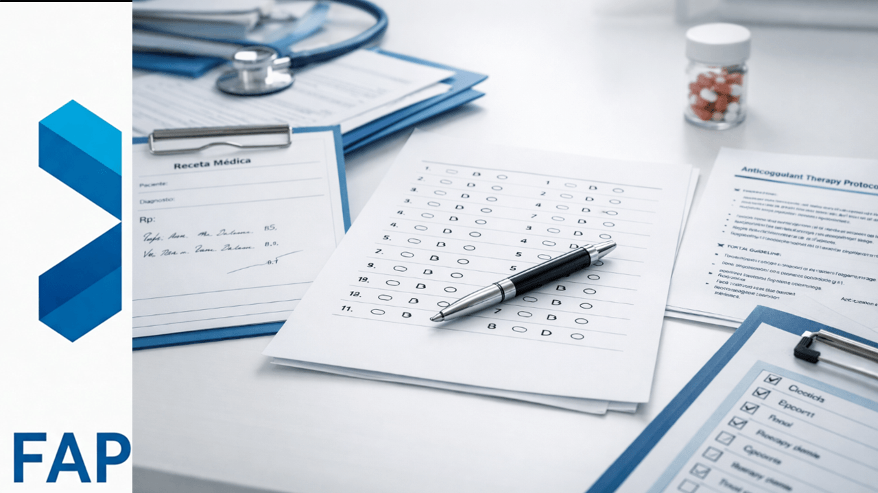 test de farmacoterapia sobre una mesa de estudio