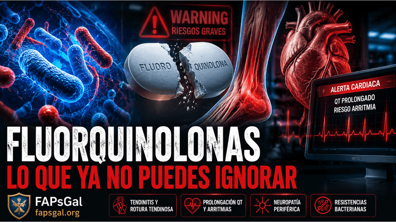Miniatura sobre fluoroquinolonas mostrando riesgos de tendinopatía, prolongación QT y resistencias bacterianas en farmacoterapia clínica