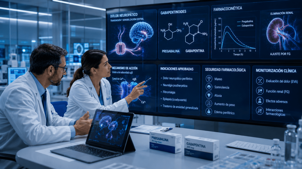 farmacéuticos en una clínica moderna comentando sobre gabapentinoides