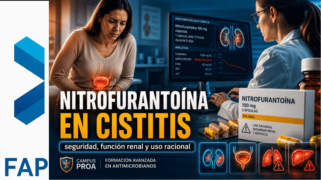 Nitrofurantoína en cistitis: revisión clínica sobre seguridad, función renal y optimización antibiótica en Atención Primaria
