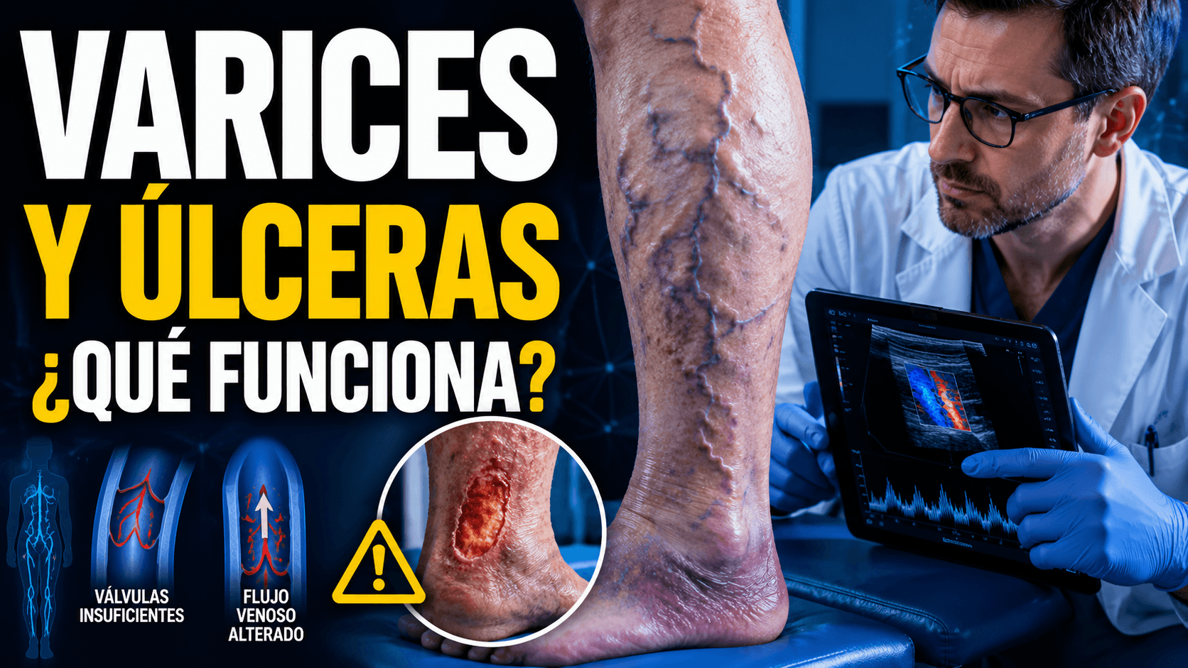 consulta de médico explorando varices en pierna de paciente