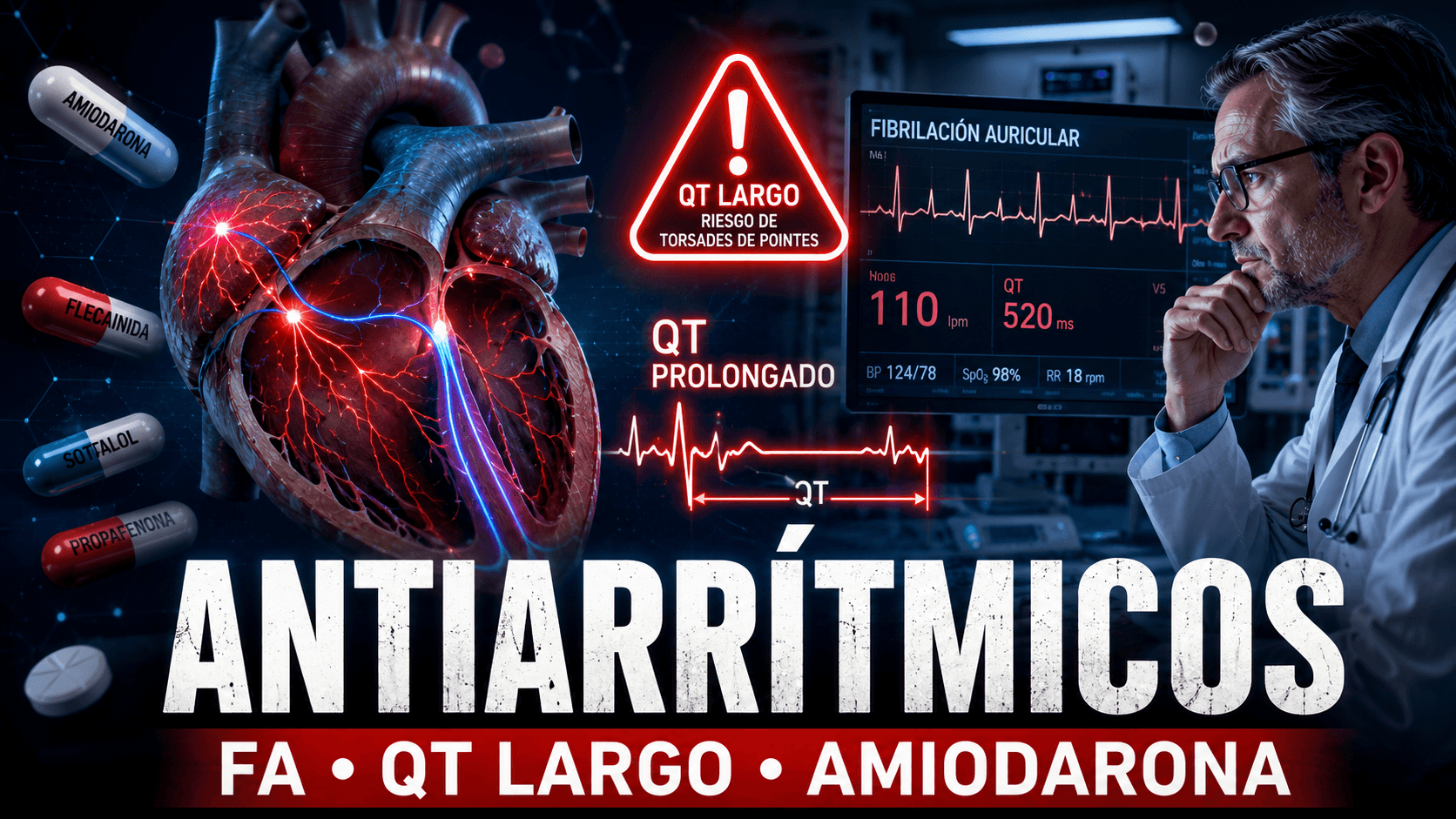 Cardiólogo analizando un electrocardiograma con fibrilación auricular y síndrome de QT largo, junto a representación visual de los principales antiarrítmicos utilizados en la práctica clínica.