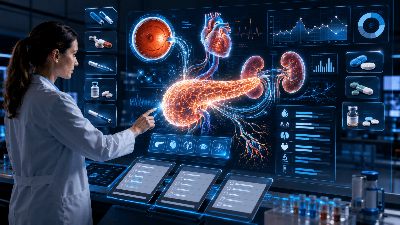 Farmacéutico clínico revisando un caso avanzado de diabetes con algoritmos terapéuticos, monitorización continua de glucosa y estrategias de optimización farmacoterapéutica para un test de entrenamiento clínico.