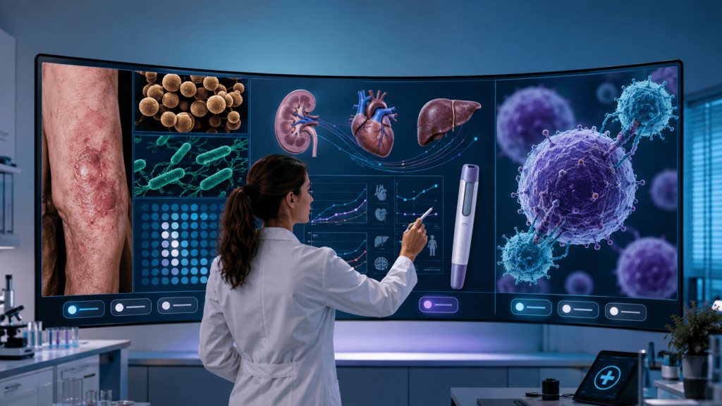 farmacéutico delante una pantalla con imágenes de basterias e infeciones