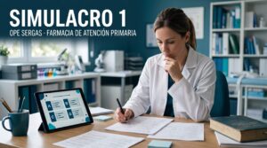 Portada del simulacro 1 OPE SERGAS de Farmacia de Atención Primaria, con una farmacéutica resolviendo un cuestionario.