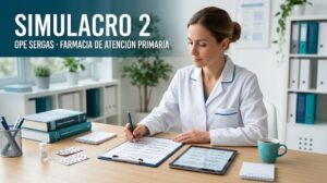 Portada del simulacro 2 de la OPE SERGAS para Farmacia de Atención Primaria, con una farmacéutica practicando un cuestionario de oposición.