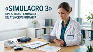 Portada del Simulacro 3 de la OPE SERGAS para Farmacia de Atención Primaria, centrado en farmacoterapia cardiovascular, diabetes y paciente crónico.