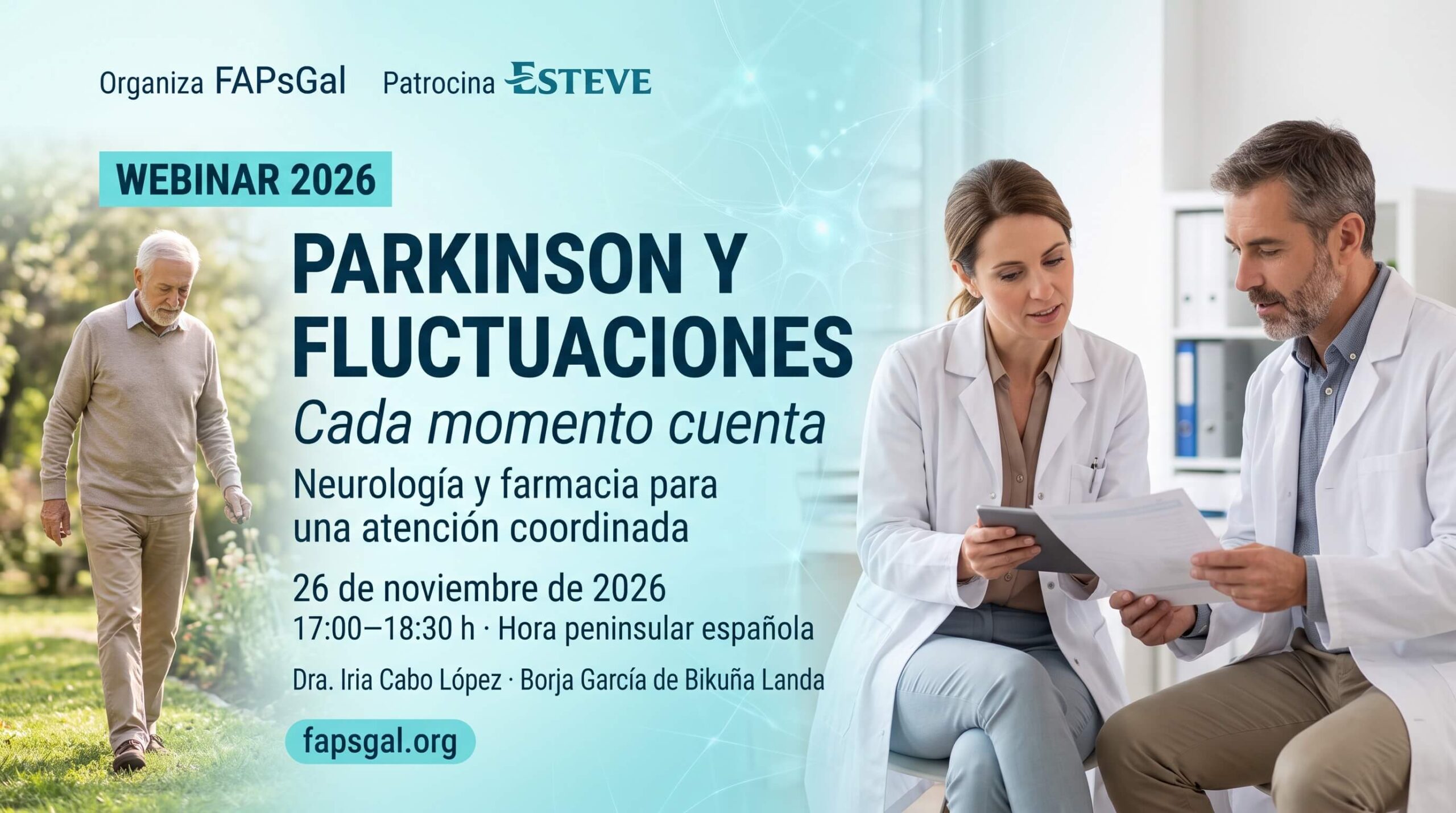 Parkinson y fluctuaciones: cada momento cuenta. Webinar organizado por FAPsGal y patrocinado por ESTEVE, el 26 de noviembre de 2026, de 17:00 a 18:30 h.