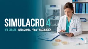 Portada del Simulacro 4 de la OPE SERGAS para Farmacia de Atención Primaria, centrado en infecciones, programas PROA, resistencias antimicrobianas y vacunación.